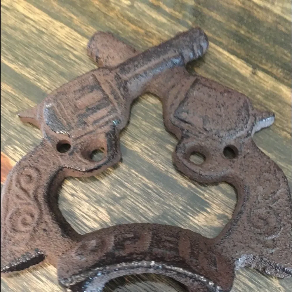 Wall cast iron revolver hand guns beer bottle opener garage